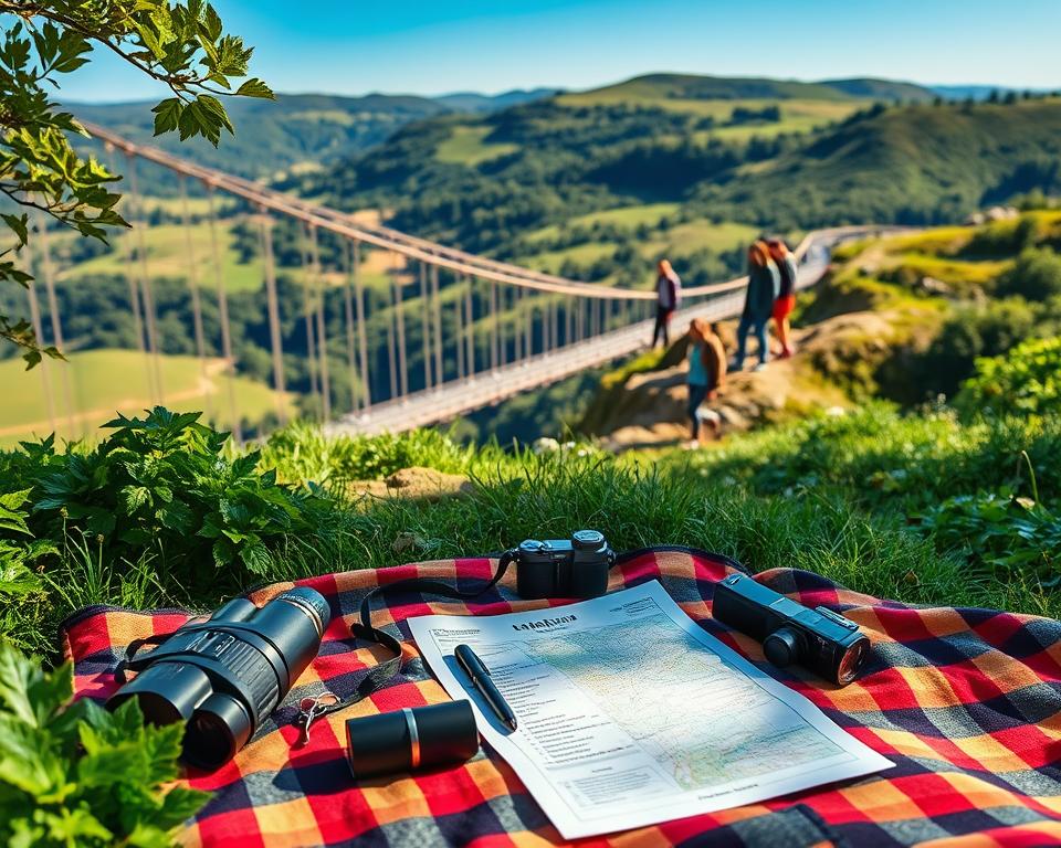 A scenic overview of the Eifel region, focusing on a picturesque hiking trail leading to the iconic Eifel suspension bridge. In the foreground, a well-organized packing list spread across a colorful picnic blanket, featuring hiking essentials like a map, water bottle, binoculars, and a camera, with lush green foliage surrounding it. In the middle ground, the majestic suspension bridge stretches over a deep valley, with hikers in modest casual clothing walking across, taking photos. The background showcases rolling hills and a clear blue sky, with soft sunlight illuminating the scene, casting gentle shadows. The mood is adventurous and invigorating, inviting viewers to explore the beauty of the Eifel landscape.