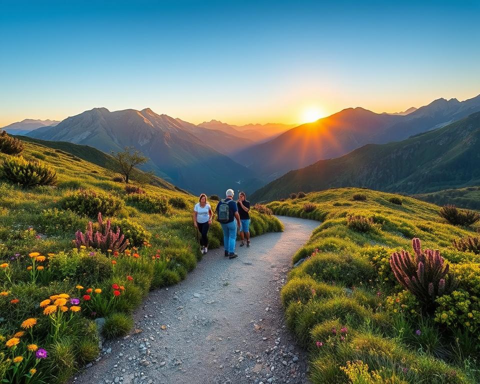 A scenic pathway meandering through the lush landscapes of Pico Europa Nationalpark in Spain, showcasing diverse hiking trails suitable for varying skill levels. In the foreground, a well-defined hiking path lined with vibrant wildflowers and rich greenery invites exploration. The middle ground features a group of hikers dressed in modest, casual outdoor attire, walking together and enjoying the natural beauty around them. In the background, majestic mountains steeped in rich hues, contrasting against a clear blue sky, create a stunning panoramic view. The setting sun bathes the scene in warm golden light, enhancing the tranquil and inviting atmosphere of the park. The composition should be captured from a slightly elevated angle to provide depth and a sense of adventure, perfect for illustrating the allure of hiking in this natural paradise.