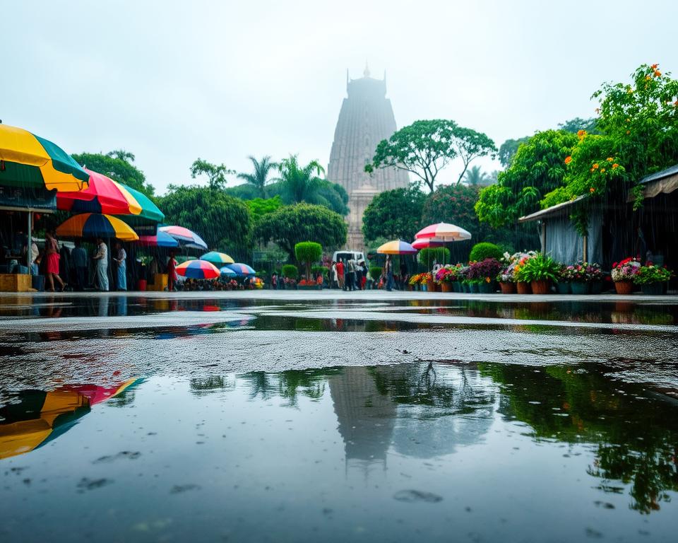 A scenic photograph capturing the essence of the monsoon season in India. In the foreground, a vibrant marketplace with colorful umbrellas shielding vendors and customers from the rain. A shallow puddle reflects the vivid colors of the stalls and the gray, overcast sky. In the middle ground, lush green trees and vibrant flowers are highlighted by raindrops, creating a fresh and lively atmosphere. The background features an ancient temple partially shrouded in mist, emphasizing the beauty of India's rich culture during the rainy season. Soft, diffused lighting casts an ethereal glow, enhancing the serene mood of the rain-soaked landscape. The angle is slightly elevated, allowing for a comprehensive view of the scene while focusing on the interplay of colors and textures.