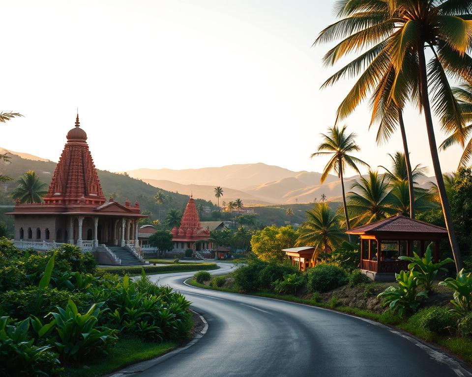 A scenic representation of a travel route through South India, focusing on iconic landmarks and hidden gems. In the foreground, illustrate a winding road lined with lush greenery and tropical plants, symbolizing adventure. The middle ground features vibrant temples with intricate architecture, spice plantations, and traditional markets, encapsulating the cultural richness. In the background, show rolling hills and palm trees against a bright sky, enhanced by warm, golden sunlight that creates a tranquil atmosphere. The image should evoke excitement and curiosity for travelers, providing a sense of discovery and exploration. Aim for a warm, inviting tone, captured through a wide-angle lens to emphasize the beauty of the landscape along this picturesque route.