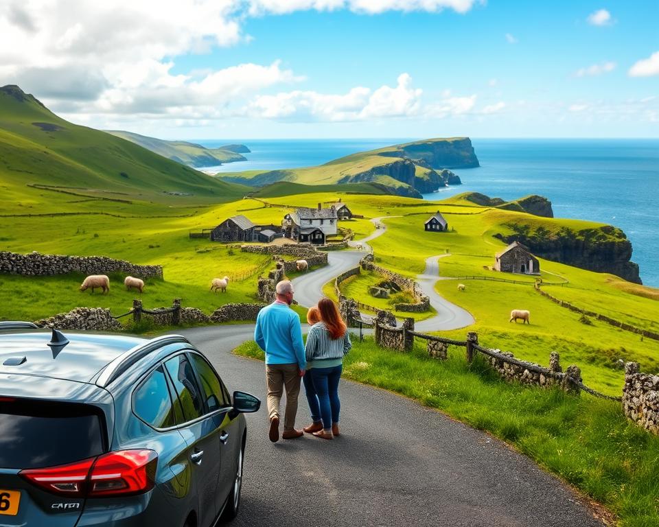 A scenic road winding through the lush, green hills of Ireland, showcasing the vibrant landscape dotted with ancient stone walls and grazing sheep. In the foreground, a modern car is parked at a viewpoint, with a family of four, dressed in casual yet modest attire, enjoying the breathtaking scenery. The middle ground features a winding path leading to a charming village with traditional Irish cottages. The background presents dramatic cliffs and the shimmering Atlantic Ocean under a partly cloudy sky, hinting at the joy of a road trip. Soft, natural lighting illuminates the scene, casting gentle shadows and creating a warm, inviting atmosphere that evokes the spirit of adventure. The composition is shot from a slightly elevated angle to capture both the car and the expansive view beyond. A scenic road winding through the lush, green hills of Ireland, showcasing the vibrant landscape dotted with ancient stone walls and grazing sheep. In the foreground, a modern car is parked at a viewpoint, with a family of four, dressed in casual yet modest attire, enjoying the breathtaking scenery. The middle ground features a winding path leading to a charming village with traditional Irish cottages. The background presents dramatic cliffs and the shimmering Atlantic Ocean under a partly cloudy sky, hinting at the joy of a road trip. Soft, natural lighting illuminates the scene, casting gentle shadows and creating a warm, inviting atmosphere that evokes the spirit of adventure. The composition is shot from a slightly elevated angle to capture both the car and the expansive view beyond.