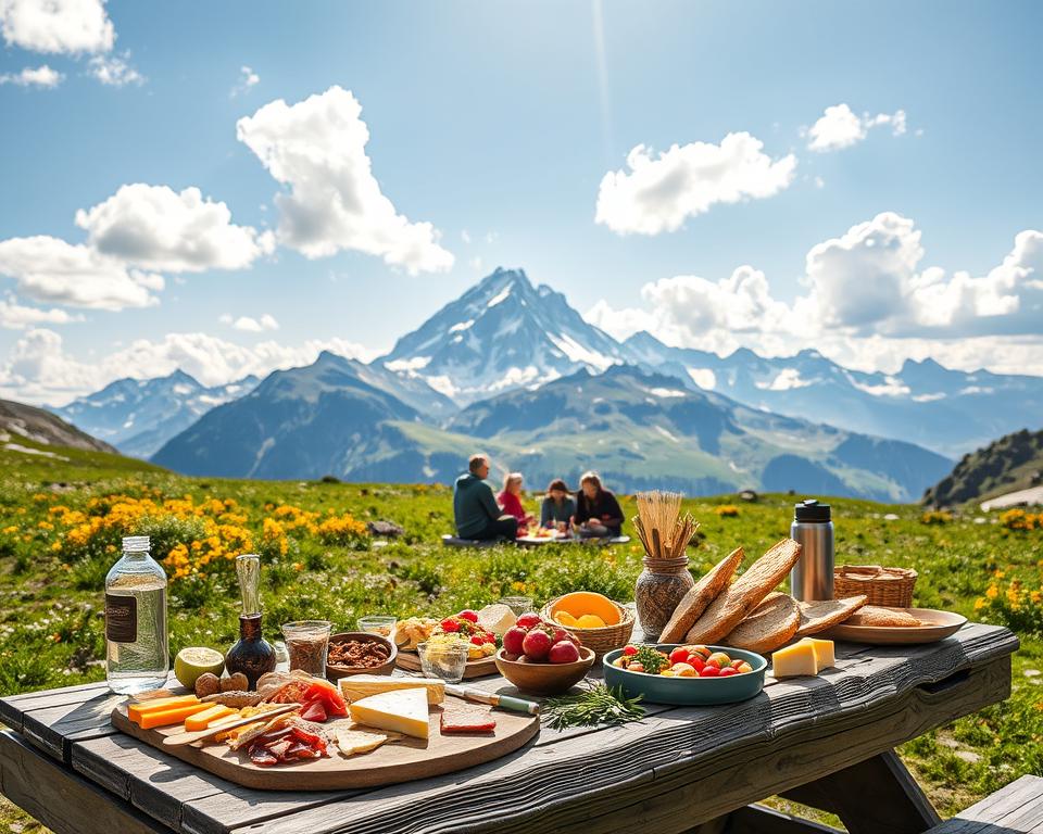 A scenic spread depicting "Verpflegung unterwegs" on the Tour du Mont Blanc. In the foreground, a rustic wooden picnic table is laden with an array of colorful snacks and regional specialties, including cheeses, cured meats, fresh fruits, and artisanal bread. A crystal-clear bottle of water and thermos are also present. In the middle ground, lush alpine meadows are alive with vibrant wildflowers, and hikers dressed in casual outdoor attire are enjoying the feast. In the background, the majestic peaks of Mont Blanc loom under a bright blue sky with fluffy white clouds, bathed in warm sunlight. The scene exudes a joyful, adventurous atmosphere, inviting viewers to immerse themselves in this alpine culinary experience.