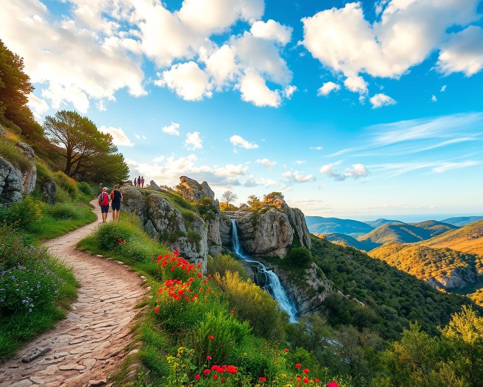 A scenic trail on the island of Brač, showcasing the enchanting landscapes of Croatia as hikers explore routes leading to stunning waterfalls. In the foreground, a winding path bordered by lush greenery and vibrant wildflowers invites exploration. The middle ground features a glimpse of a crystal-clear waterfall cascading down rocky cliffs, surrounded by ancient trees and the rich colors of the natural environment. In the background, gentle hills create a serene backdrop against a brilliant blue sky with soft, fluffy clouds. The lighting is warm and inviting, capturing the golden hour just before sunset, enhancing the vibrant colors of the landscape. The overall mood is tranquil and inspiring, perfect for nature lovers seeking adventure.
