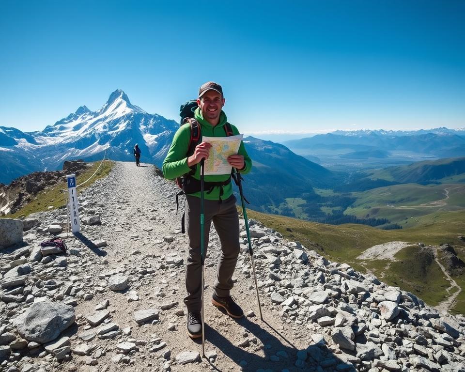 A scenic training environment for the Tour du Mont Blanc, featuring a passionate hiker in professional outdoor gear, preparing for the ascent. In the foreground, the hiker stands confidently with a map and trekking poles, focusing on fitness and conditioning. The middle ground shows a rocky path leading up to majestic, snow-capped peaks under a clear blue sky, emphasizing the challenging terrain. A few hiking milestones or training equipment are scattered along the trail to symbolize preparation. In the background, lush green valleys and distant mountains create a breathtaking panorama. The lighting is bright and natural, casting soft shadows that enhance the rugged landscape. The overall mood is adventurous and inspiring, capturing the spirit of preparation for a remarkable journey.