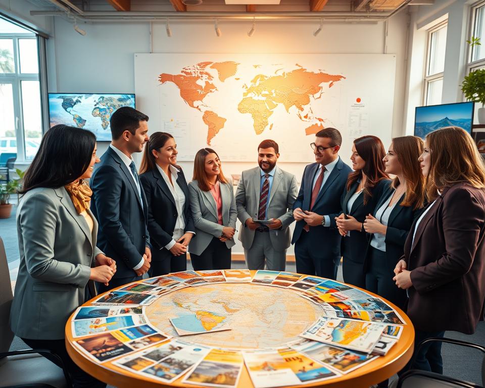 A scenic travel agency office environment, showcasing a diverse group of professionals in business attire engaged in a lively discussion about travel packages. In the foreground, a round table filled with brochures and maps of various travel destinations, highlighting tour options for solo travelers. The middle area features a large world map on the wall, with pins marking popular locations, and digital screens displaying enticing travel images. In the background, bright windows let in warm, natural light, creating a welcoming atmosphere. The scene conveys a sense of collaboration and excitement, ideal for illustrating how to choose the right travel group and organizer. Shot in soft focus with a slight depth-of-field effect to emphasize the table, illuminated with bright daylight.
