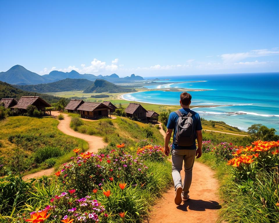 A scenic travel route through Flores Island in Indonesia, highlighting diverse landscapes and cultural experiences. In the foreground, a winding path flanked by lush greenery and vibrant native flowers, with a traveler in modest casual clothing observing the landscape. The middle ground features traditional wooden houses with thatched roofs, set against a backdrop of rolling hills and volcanic peaks under a clear blue sky. The background showcases the stunning coastline, where turquoise waters meet sandy beaches, with distant islands visible on the horizon. Warm sunlight illuminates the scene, casting soft shadows and creating a vibrant, inviting atmosphere, ideal for exploration and adventure. Capture this picturesque moment from a slightly elevated angle to emphasize the depth and beauty of Flores Island's natural charm.