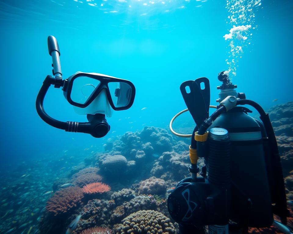 A scenic underwater scene showcasing diving equipment prominently in the foreground, including a well-organized set of scuba gear: mask, snorkel, wetsuit, fins, and oxygen tank. The gear is accentuated by soft, diffused blue light filtering through the water, creating an ethereal atmosphere. In the middle ground, vibrant coral reefs are teeming with colorful fish, hinting at the rich marine life divers can encounter. The background features the gentle play of light on the ocean surface above, adding depth and a sense of tranquility. The overall mood is adventurous and serene, perfect for highlighting the beauty of diving on Bali. The composition should be clear and professionally laid out, free of any text or distractions.