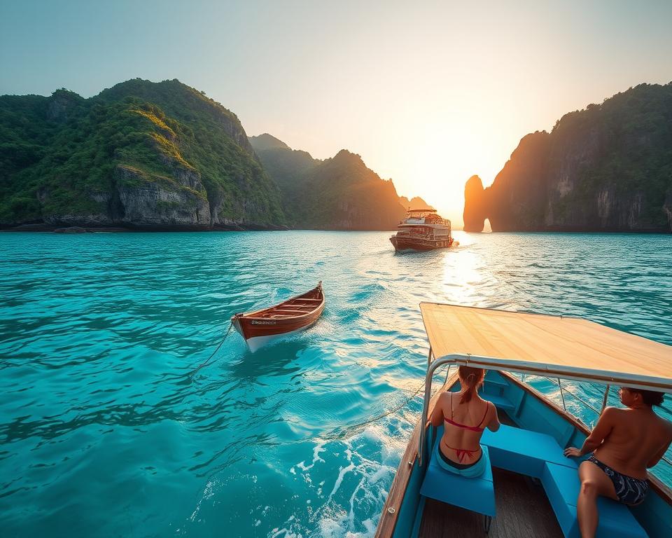 A scenic view capturing the essence of traveling to Nusa Penida, featuring a vibrant turquoise ocean surrounded by lush green cliffs. In the foreground, a traditional Indonesian boat gently glides on the water, with a few tourists dressed in casual summer attire. The middle ground showcases the rugged coastline, dotted with tropical vegetation and dramatic rock formations. In the background, the sun sets, casting a warm golden glow over the landscape, enhancing the idyllic atmosphere. The camera angle is positioned slightly above the boat, offering a panoramic view that emphasizes the breathtaking natural beauty of Nusa Penida. The overall mood is tranquil and adventurous, inviting viewers to explore this stunning destination.