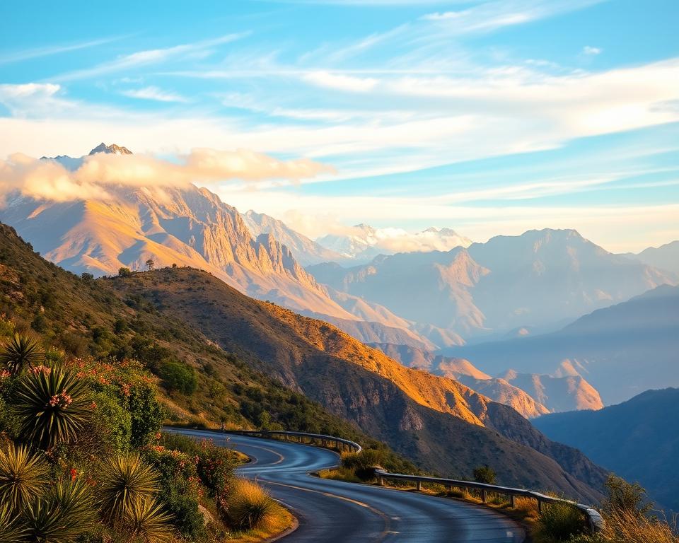 A scenic view capturing the journey from Lima to Cusco in Peru. In the foreground, a winding road surrounded by lush greenery and indigenous flora, hinting at adventure. In the middle ground, the iconic Andes mountains rise majestically, bathed in warm, golden sunlight, showcasing the varied textures of rocky formations and patches of snow. The background reveals distant peaks enveloped in a light mist, enhancing the feeling of depth and exploration. The atmosphere is vibrant and inviting, suggesting a sense of discovery and cultural richness. The sky is clear with soft, wispy clouds, allowing sunlight to illuminate the landscape. Use a wide-angle lens to capture the breadth of this stunning route, creating a warm, uplifting mood that invites travelers to embark on this journey.