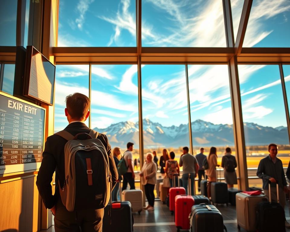 A scenic view capturing the journey to Torres del Paine National Park. In the foreground, a well-dressed traveler, carrying a backpack, stands by a window of a modern airport terminal, gazing at a flight departure board. In the middle ground, a bustling scene features travelers with luggage and travel guides, set against a backdrop of large glass windows showcasing the majestic Andes mountains in the distance. The background displays a clear blue sky with wispy white clouds, hinting at the adventure that lies ahead. Golden hour lighting casts a warm glow over the scene, evoking a sense of anticipation and excitement. The image is taken with a wide-angle lens, showcasing both the human experience and the breathtaking scenery beyond, embodying the thrill of travel to a natural wonder.