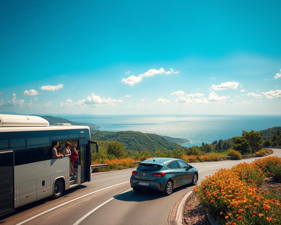 A scenic view depicting the journey to Butrint, showcasing a modern bus and a sleek car navigating a winding coastal road surrounded by lush greenery and vibrant wildflowers. In the foreground, the bus stops at a designated viewpoint with travelers admiring the scenery, dressed in casual summer attire. In the middle ground, the car glides along the road, framed by the beautiful landscape of hills and trees typical of the Albanian countryside. The background features the shimmering Adriatic Sea under a bright blue sky with soft, fluffy clouds, capturing the serene atmosphere of the National Park. The lighting is warm and inviting, suggesting early afternoon, with soft shadows enhancing the vibrant colors of nature. The overall mood conveys tranquility and adventure, perfectly reflecting the spirit of exploration.