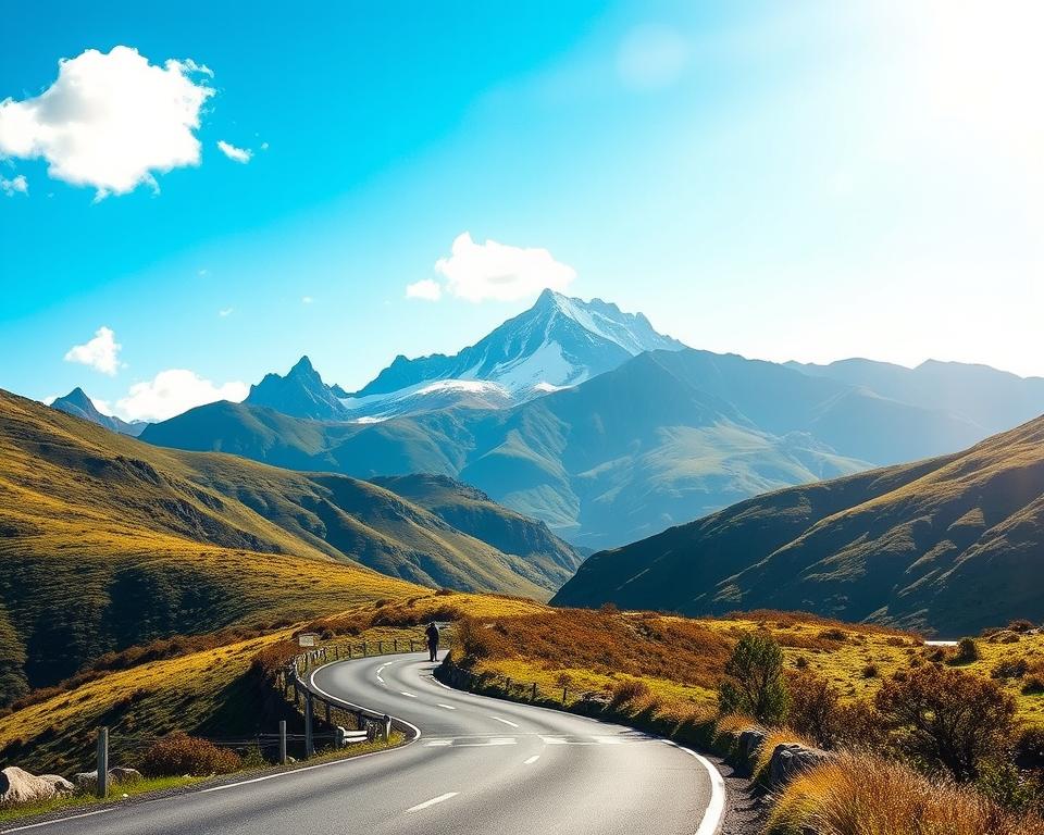 A scenic view depicting the journey to Pico Europa Nationalpark in Spain. In the foreground, a winding road leads through lush green valleys, with a few modestly dressed travelers stopping to admire the stunning landscape. In the middle ground, mountains rise dramatically towards the sky, their peaks dusted with snow. A clear, bright blue sky stretches overhead, with fluffy white clouds casting soft shadows on the terrain. In the background, the magnificent Pico Europa towers above, its rugged cliffs and picturesque slopes visible in detail. The scene is bathed in warm, golden sunlight, evoking a sense of adventure and tranquility, perfect for illustrating the journey to this breathtaking national park. Utilize a wide-angle lens to capture the expansive beauty of the landscape.