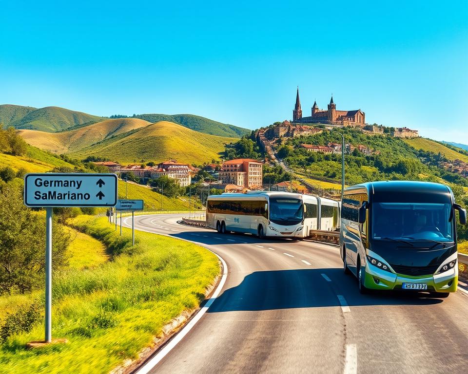 A scenic view illustrating the journey from Germany to San Marino, Italy. In the foreground, an inviting highway winding through lush green landscapes marked with directional signs towards San Marino. The middle ground features an assortment of transportation options, including a sleek car, a modern train, and a stylish bus, all set on a sunny day with bright blue skies. In the background, rolling hills and the picturesque silhouette of San Marino's historic skyline, with its iconic towers and medieval architecture, create a captivating backdrop. The lighting is warm and natural, enhancing the inviting atmosphere of travel and adventure. The perspective is slightly elevated, giving a sense of motion and excitement, suitable for inspiring travelers.