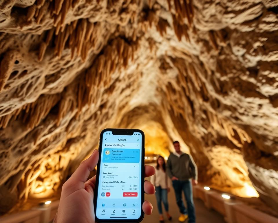 A scenic view inside the stunning Cueva de Nerja, showcasing intricate stalactites and stalagmites glistening under soft, warm overhead lighting. In the foreground, a hand holding a smartphone displays the online booking interface for tickets, with a subtle hint of a calendar and travel information. The middle ground features a family of four, dressed in modest casual clothing, exploring the cave with expressions of awe. The background reveals the vast cavern walls, textured and illuminated, leading deeper into the mysterious grotto. A sense of adventure and discovery permeates the atmosphere, capturing the essence of planning a visit to this natural wonder. The image is well-composed with a wide-angle view, slightly angled upward to enhance depth.