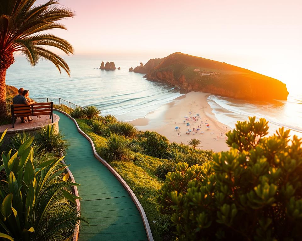 A scenic view near Praia da Falésia, Portugal, showcasing the stunning coastline and vibrant red cliffs in the background. In the foreground, include a lush, green boardwalk winding through tropical vegetation, leading towards the beach. On the left, depict a charming lookout point with a wooden bench and a couple in modest casual clothing relaxing while enjoying the view. In the middle, capture the golden sandy beach with gentle waves lapping at the shore, dotted with colorful beach umbrellas and families engaged in leisurely activities. Use soft, warm sunlight creating a serene atmosphere during sunset, with a soft bokeh effect to enhance the dreamy mood. Aim for a wide-angle perspective to emphasize the beauty and tranquility of the surroundings.
