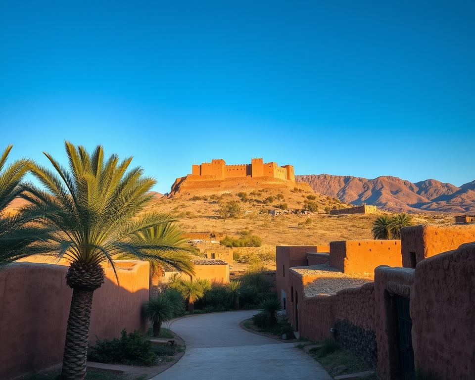 A scenic view of Ait Ben Haddou, the iconic UNESCO World Heritage site in Morocco, showcasing its ancient earthen clay architecture against a vibrant blue sky. In the foreground, a winding pathway leads through lush palm trees and traditional Berber houses, intricately detailed with textures of mud and stone. The middle ground features the dramatic kasbah structure rising majestically atop a hill, surrounded by the arid desert landscape, with the shadows of late afternoon creating depth. The background captures the Atlas Mountains softly illuminated by golden hour sunlight, enhancing the serene and historical atmosphere. The overall mood is warm and inviting, evoking a sense of adventure and exploration, perfect for those contemplating guided tours or self-exploration.