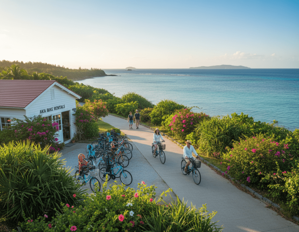 A scenic view of Aka Island emphasizing mobility and transportation options, featuring a pedestrian-friendly coastal path lined with lush greenery and tropical flowers in the foreground. In the middle ground, depict a quaint bicycle rental shop with colorful bicycles outside, inviting tourists to explore the island. A couple of travelers dressed in modest casual clothing are seen riding bikes along the path, while others stroll leisurely. The background showcases the island's stunning turquoise waters and a clear blue sky with soft, golden sunlight creating a warm and inviting atmosphere. The image should be shot from a slightly elevated angle, providing a vibrant and immersive experience that captures the essence of exploring this idyllic island without reliance on public transport. A scenic view of Aka Island emphasizing mobility and transportation options, featuring a pedestrian-friendly coastal path lined with lush greenery and tropical flowers in the foreground. In the middle ground, depict a quaint bicycle rental shop with colorful bicycles outside, inviting tourists to explore the island. A couple of travelers dressed in modest casual clothing are seen riding bikes along the path, while others stroll leisurely. The background showcases the island's stunning turquoise waters and a clear blue sky with soft, golden sunlight creating a warm and inviting atmosphere. The image should be shot from a slightly elevated angle, providing a vibrant and immersive experience that captures the essence of exploring this idyllic island without reliance on public transport.