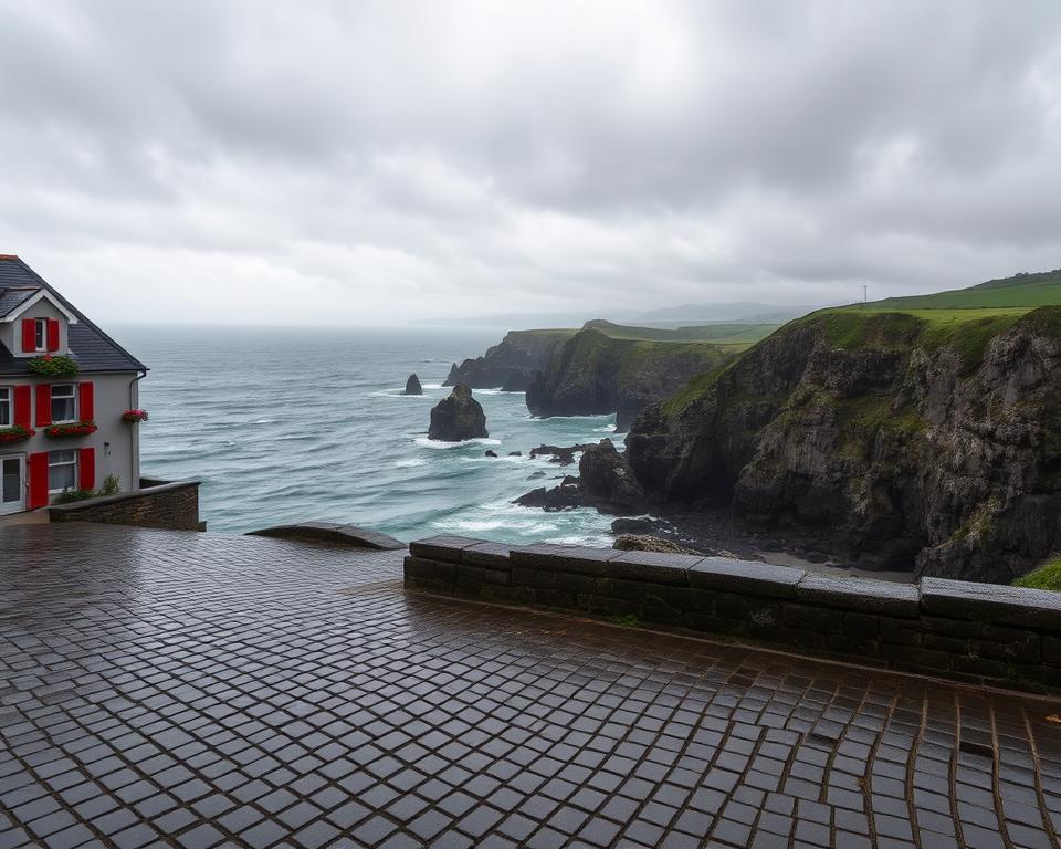 A scenic view of Brittany, France, showcasing a dramatic coastal landscape during a rainy day. In the foreground, wet cobblestones glisten under the soft, diffused light from an overcast sky. To the left, a quaint, brightly colored Breton house with flower boxes adds a pop of color against the dreary weather. In the middle ground, rugged cliffs rise above the dark blue-gray sea, with waves crashing against the rocks, creating a sense of movement. In the background, distant hills shrouded in mist add depth to the scene. The atmosphere is contemplative and moody, reflecting the unique charm of Brittany's weather. Use a wide-angle lens to capture the expansive vista, emphasizing the rolling clouds overhead.