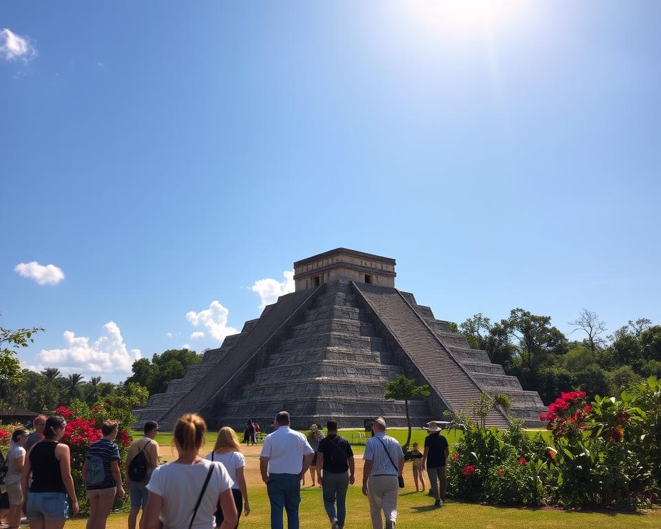A scenic view of Chichen Itza, showcasing the magnificent ancient pyramid under a bright blue sky, surrounded by lush greenery and vibrant flora. In the foreground, a small group of tourists, dressed in casual but modest clothing, carefully examines the site while maintaining a respectful distance from the ruins. The middle layer features the iconic pyramid, capturing its intricate stone carvings and architectural details. In the background, a clear horizon with distant trees and the sun casting warm, golden light, creating a peaceful and inviting atmosphere. The scene evokes a sense of wonder and tranquility, inviting viewers to experience the beauty and significance of this world wonder while emphasizing a focus on safety and awareness in the surroundings.
