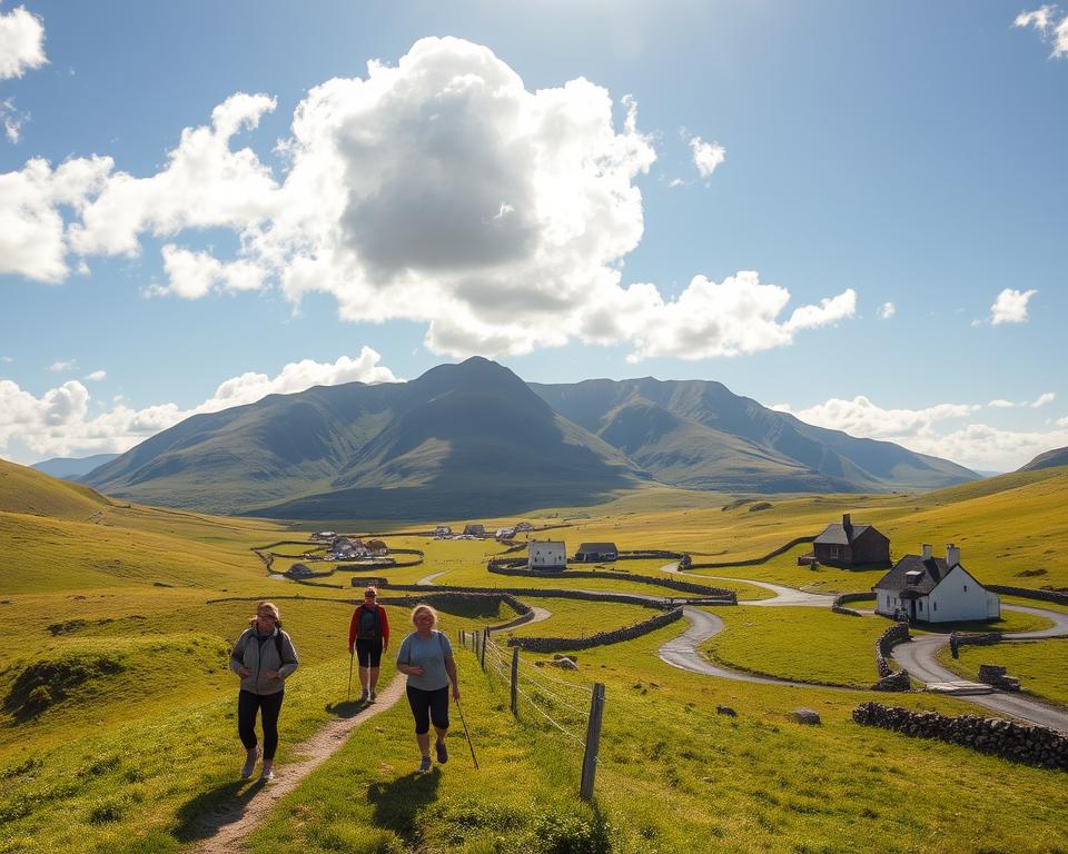 A scenic view of Connemara, Ireland, showcasing diverse travel routes winding through lush, green landscapes. In the foreground, a well-marked hiking trail leads the eye towards the dramatic mountains. A few travelers dressed in modest casual clothing are seen enjoying the landscape, capturing the adventure spirit. The middle ground features a series of winding roads with vintage stone walls and rustic cottages dotted along the way. In the background, the iconic Twelve Bens mountain range rises majestically under a bright blue sky, with fluffy, white clouds scattered above. Soft, golden sunlight bathes the scene, creating a warm and inviting atmosphere, evoking a sense of exploration and discovery. The image captures the breathtaking beauty and variety of Connemara’s travel routes.