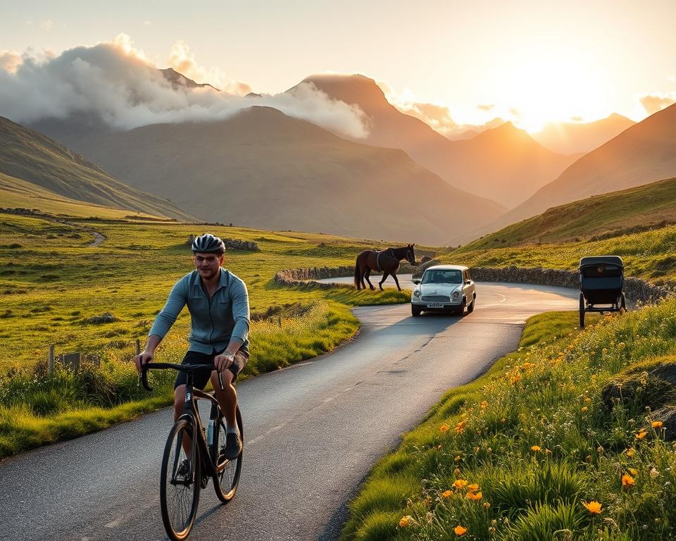 A scenic view of Connemara, Ireland, showcasing various modes of transportation in the region. In the foreground, a winding, narrow road lined with lush green fields and wildflowers, featuring a cyclist in smart casual attire, pedaling steadily. In the middle ground, a small, vintage car drives along a picturesque route, while a traditional horse-drawn cart is parked nearby, reflecting the area's heritage. The background highlights the breathtaking Connemara mountains, partially shrouded in mist under a soft, golden sunset, casting a warm glow on the landscape. The atmosphere is serene yet invigorating, embodying the spirit of exploration and travel in this stunning Irish region. Use a wide-angle lens to capture the expansive scenery, emphasizing depth and the vibrant natural colors.