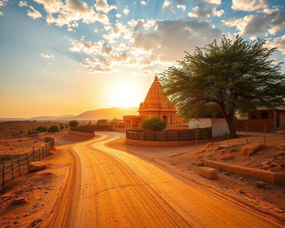 A scenic view of Deshnok village near Bikaner, India, featuring the iconic Karni Mata Temple in the background surrounded by arid desert landscape. In the foreground, capture a winding, dusty road leading into the village, with a few traditional Indian homes and lush green trees lining the path. The sun is setting, casting a warm golden glow over the scene, enhancing the intricate details of the temple's architecture. A warm and inviting atmosphere evokes the feeling of journeying towards a spiritual destination. Include a perfect blend of blue skies and scattered clouds, viewed through a wide-angle lens to emphasize the vastness of the landscape, ensuring the absence of any text or logos.