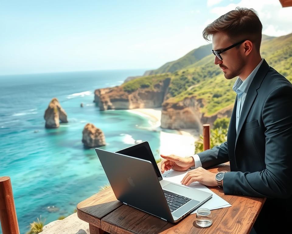 A scenic view of Diamond Beach on Nusa Penida, focusing on a detailed budget planning scene. In the foreground, a professional-looking individual, dressed in smart casual attire, is seen sitting at a rustic table with a laptop and papers, calculating travel costs. The middle ground features the stunning cliffs and turquoise waters of Diamond Beach, with its iconic diamond-shaped rock formations rising majestically from the ocean. In the background, lush green hills under a clear blue sky enhance the view. Soft, natural daylight casts a warm glow over the scene, creating a relaxed yet focused atmosphere. The angle is slightly elevated, offering a comprehensive perspective of the beach's beauty while retaining the budgeting theme.
