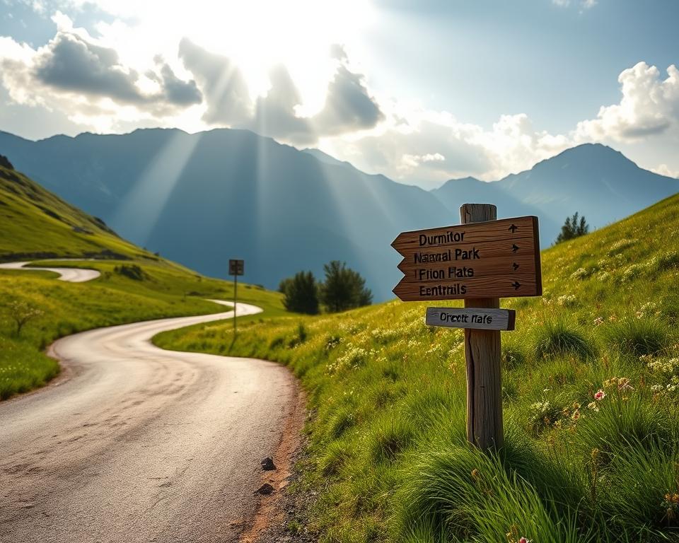 A scenic view of Durmitor National Park in Montenegro, showcasing the majestic mountain range in the background. The foreground features a winding road leading into the park, with lush green meadows on either side dotted with wildflowers. In the middle ground, a wooden signpost points the way to various trails, emphasizing the theme of orientation. Sunlight breaks through the clouds, casting a warm, golden glow over the landscape, while a soft breeze creates gentle movement in the grasses. The atmosphere is serene and inviting, perfect for exploring nature. The angle is slightly elevated, capturing both the road and the expansive view of the mountains, giving a sense of adventure and discovery.