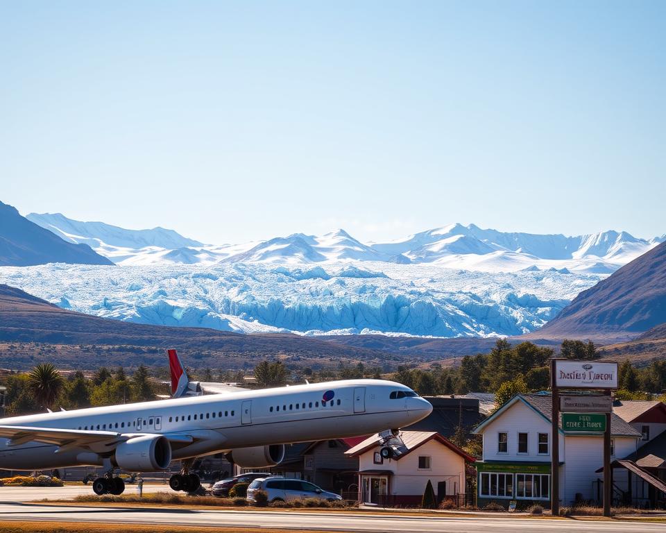 A scenic view of El Calafate, Argentina, showcasing breathtaking glaciers and the surrounding Patagonian landscape. In the foreground, a modern airplane can be seen landing or taking off, symbolizing travel. In the middle ground, the charming town of El Calafate is visible, with quaint buildings and colorful signage typical of an Argentine village. The background features the massive, icy blue Perito Moreno Glacier under a clear sky, reflecting the sunlight. The atmosphere is vibrant and inviting, evoking a sense of adventure and anticipation. The lighting is bright and warm, suggesting a sunny day, capturing the beauty of this remote destination. The composition is well-framed, focusing on the interplay between nature and human travel, with an angle that highlights both the airplane and the magnificent glacier.