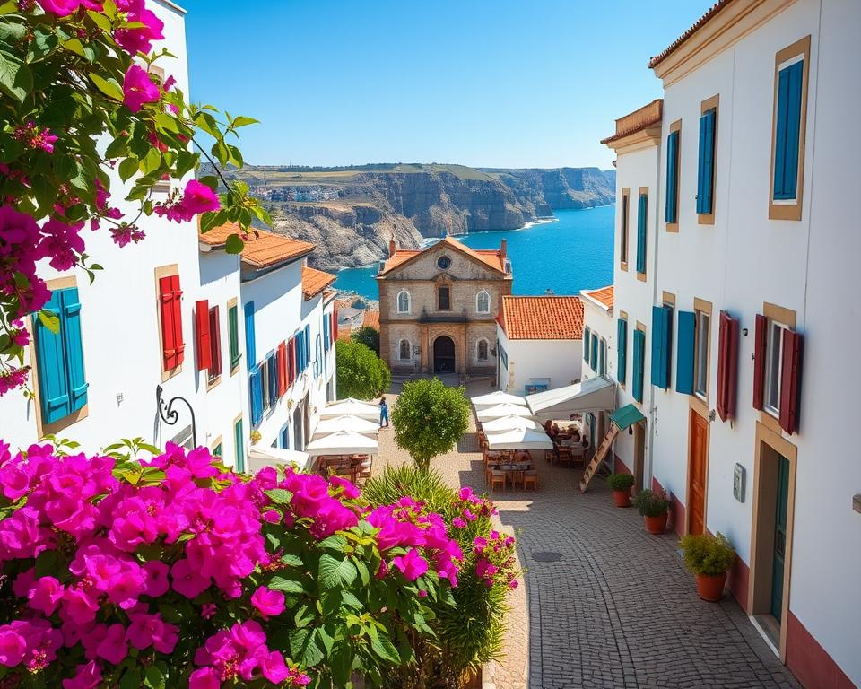 A scenic view of Ferragudo, Portugal, showcasing its charming streets and traditional whitewashed houses with colorful window shutters. In the foreground, vibrant bougainvilleas drape over a cobblestone pathway leading to the town square. The middle ground features local cafes with patrons enjoying coffee, all framed by the iconic 16th-century church. The background captures the stunning cliffs of the Algarve coast, with the shimmering blue waters of the Atlantic Ocean. The lighting is bright and sunny, reflecting a warm, inviting atmosphere. Shot from a slightly elevated angle to provide a panoramic view, using a lens that captures the lush textures and colors of this picturesque seaside village. A scenic view of Ferragudo, Portugal, showcasing its charming streets and traditional whitewashed houses with colorful window shutters. In the foreground, vibrant bougainvilleas drape over a cobblestone pathway leading to the town square. The middle ground features local cafes with patrons enjoying coffee, all framed by the iconic 16th-century church. The background captures the stunning cliffs of the Algarve coast, with the shimmering blue waters of the Atlantic Ocean. The lighting is bright and sunny, reflecting a warm, inviting atmosphere. Shot from a slightly elevated angle to provide a panoramic view, using a lens that captures the lush textures and colors of this picturesque seaside village.