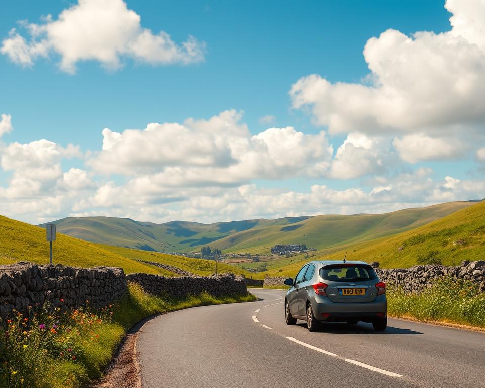 A scenic view of Ireland’s unique left-side driving experience, showcasing a winding country road through lush green hillsides. In the foreground, a modest car is seen traveling around a curve, with a driver focused attentively on the road. The middle ground features traditional stone walls and vibrant wildflowers lining the roadside, emphasizing the rural charm. In the background, softly rolling hills stretch under a bright blue sky with fluffy white clouds, conveying a serene atmosphere. The sunlight casts warm, golden tones, highlighting the landscape's natural beauty. Capture this scene from a slightly elevated angle to include the curve of the road, enhancing the sense of movement and the distinct driving experience in Ireland. A scenic view of Ireland’s unique left-side driving experience, showcasing a winding country road through lush green hillsides. In the foreground, a modest car is seen traveling around a curve, with a driver focused attentively on the road. The middle ground features traditional stone walls and vibrant wildflowers lining the roadside, emphasizing the rural charm. In the background, softly rolling hills stretch under a bright blue sky with fluffy white clouds, conveying a serene atmosphere. The sunlight casts warm, golden tones, highlighting the landscape's natural beauty. Capture this scene from a slightly elevated angle to include the curve of the road, enhancing the sense of movement and the distinct driving experience in Ireland.