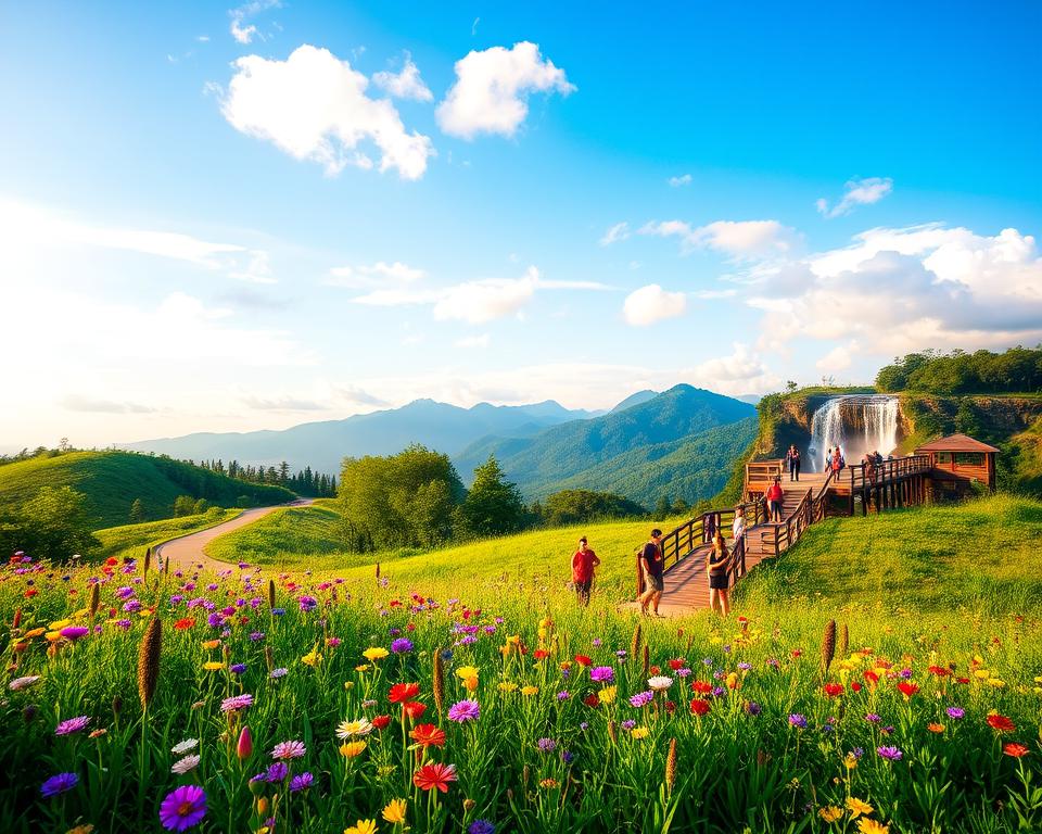 A scenic view of Khao Yai National Park in Thailand, featuring lush green hills under a bright blue sky, with soft white clouds scattered overhead. In the foreground, a vibrant wildflower meadow bursts with colorful blooms, showcasing shades of purple, yellow, and red. The middle ground reveals a winding path lined with tall trees, leading to an inviting wooden lookout point where tourists dressed in light casual clothing admire the scenery. In the background, majestic mountains rise, shrouded in mist, while a sparkling waterfall cascades down rocks, reflecting the sunlight. The ambiance is peaceful and serene, with warm daylight illuminating the landscape, creating a soft, inviting mood, ideal for nature lovers exploring the area. Capture this idyllic setting with a slightly elevated angle to showcase the depth and beauty of the park. A scenic view of Khao Yai National Park in Thailand, featuring lush green hills under a bright blue sky, with soft white clouds scattered overhead. In the foreground, a vibrant wildflower meadow bursts with colorful blooms, showcasing shades of purple, yellow, and red. The middle ground reveals a winding path lined with tall trees, leading to an inviting wooden lookout point where tourists dressed in light casual clothing admire the scenery. In the background, majestic mountains rise, shrouded in mist, while a sparkling waterfall cascades down rocks, reflecting the sunlight. The ambiance is peaceful and serene, with warm daylight illuminating the landscape, creating a soft, inviting mood, ideal for nature lovers exploring the area. Capture this idyllic setting with a slightly elevated angle to showcase the depth and beauty of the park.