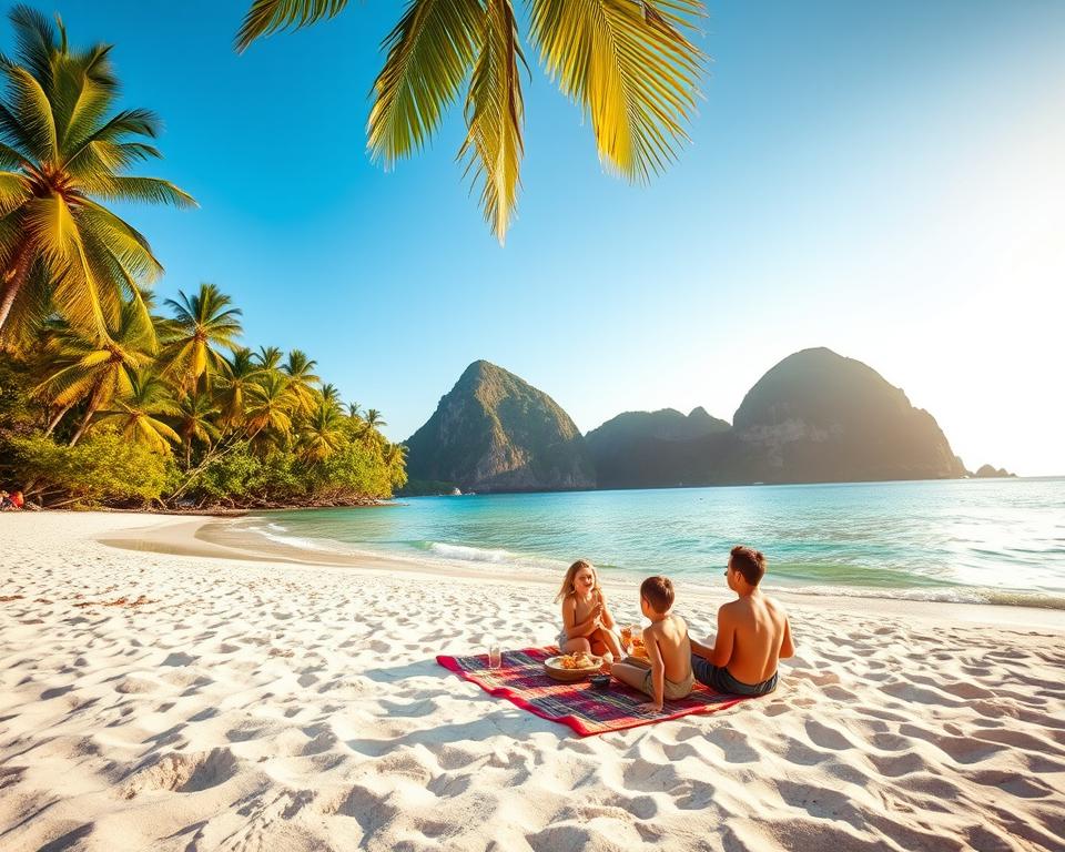 A scenic view of Langkawi Island, capturing the beauty and cost-effectiveness of a tropical paradise. In the foreground, a pristine white sandy beach with gentle waves lapping at the shore. A family enjoying a budget picnic, with a colorful blanket and simple local dishes, showcasing the affordable charm of travel. The middle ground features lush green palm trees swaying in a soft breeze, suggesting a friendly and relaxed atmosphere. In the background, dramatic limestone cliffs rise against a clear blue sky, under warm golden sunlight, evoking a sense of serenity and adventure. The image should have a bright, inviting mood, with natural lighting enhancing the vibrant colors, shot from a low angle to emphasize the beauty of the landscape and the joy of affordable travel experiences.