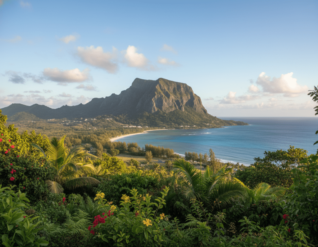 A scenic view of Le Morne Brabant, a UNESCO World Heritage site in Mauritius. In the foreground, lush green foliage frames the image, showcasing native tropical plants. The middle ground features the majestic Le Morne Brabant mountain, its dramatic cliffs illuminated by soft, golden sunlight, creating dynamic shadows. In the background, a clear blue sky is dotted with a few fluffy white clouds, hinting at pleasant weather. The atmosphere is tranquil yet awe-inspiring, reflecting the natural beauty and the sense of safety that comes with exploring such a stunning landscape. The image should have a slightly elevated angle, capturing the grandeur of the mountain and the surrounding scenery. Emphasize warm lighting to convey a welcoming feel, inviting viewers to appreciate this remarkable natural site.