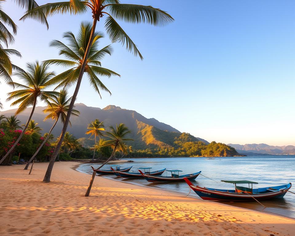 A scenic view of Lovina, Indonesia during the best travel season. In the foreground, a tranquil beach with soft golden sand, lined with coconut palm trees gently swaying in the breeze. Small fishing boats are anchored close to the shore, reflecting the warm hues of the sunrise. In the middle ground, lush green hills rise, framed by vibrant tropical flowers, creating a contrast against the clear blue sky. The background features a calm sea that gradually blends into the horizon, with distant mountains softly illuminated by the morning light. The overall atmosphere is serene and inviting, capturing the essence of Lovina as a perfect getaway destination. The lighting should be warm and soft, as if early morning capturing the golden hour.