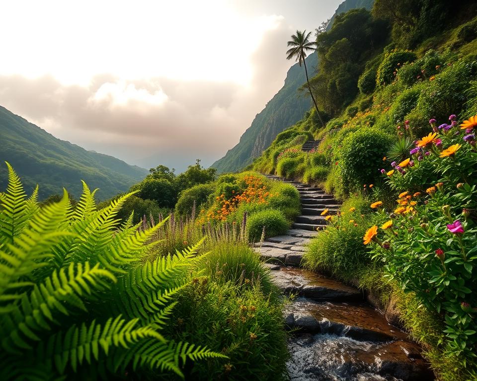 A scenic view of Madeira showcasing a vibrant Levada trail during the bloom season. In the foreground, lush green ferns and colorful wildflowers frame the path, while a gentle stream flows beside it. In the middle ground, a narrow stone path meanders through dense foliage, with native plants in full blossom, exuding vibrant hues of yellow, orange, and purple. The background features majestic mountains shrouded in soft mist, with sunlight filtering through the clouds, casting a warm golden glow over the landscape. Capture the serene atmosphere of nature with a shallow depth of field to emphasize the foreground details, creating a sense of tranquility and exploration. The overall mood should evoke the beauty and allure of hiking in a floral paradise.