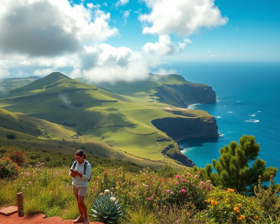 A scenic view of Madeira's diverse weather conditions, showcasing a picturesque landscape with rolling green hills and a vibrant coastal scene. In the foreground, a traveler dressed in light, comfortable clothing stands under a partially cloudy sky, checking a weather app on a smartphone. The middle ground features blooming wildflowers and lush subtropical vegetation, while the background reveals dramatic cliffs and the deep blue Atlantic Ocean, glistening under soft sunlight. The scene captures a blend of sunny patches and gentle rain, suggesting the island's unpredictable weather. Soft, diffused light envelops the image, creating a calm and inviting atmosphere, ideal for exploration and travel tips.