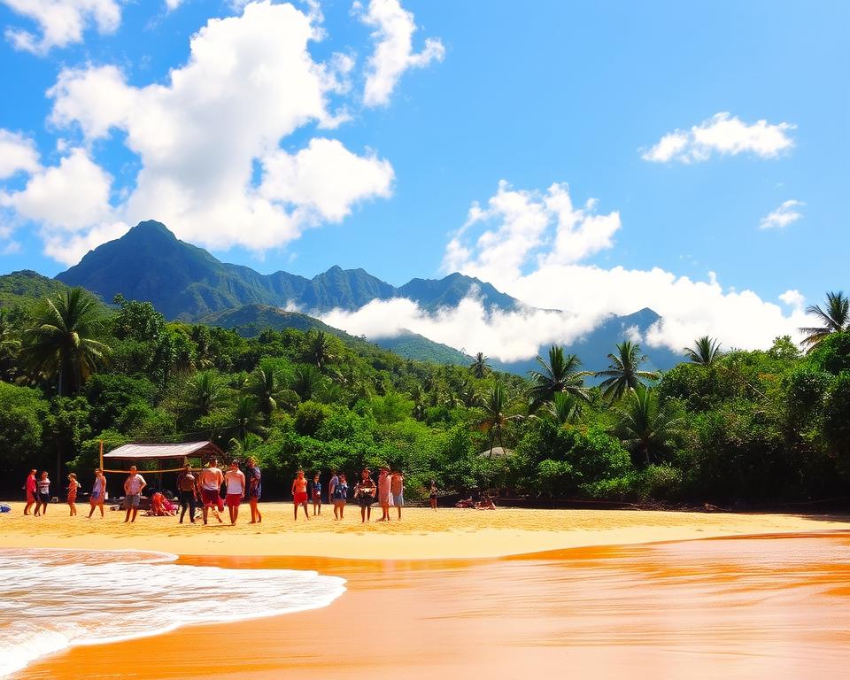 A scenic view of Montezuma, Costa Rica, showcasing a vibrant beach in the foreground with golden sands and gentle waves lapping at the shore. A diverse group of diverse tourists, dressed in modest casual clothing, enjoys various activities such as beach volleyball and sunbathing, capturing a lively and adventurous atmosphere. In the middle ground, lush green jungle contrasts with the tranquil sea, with hints of colorful flora peeking through the foliage. In the background, the majestic silhouettes of mountains rise, partially shrouded in mist, under a bright blue sky dotted with soft, fluffy clouds. The lighting is warm and inviting, reminiscent of late afternoon sun, creating a serene yet vibrant vacation vibe. The image captures the essence of day trips from Montezuma, a slice of paradise waiting to be explored.