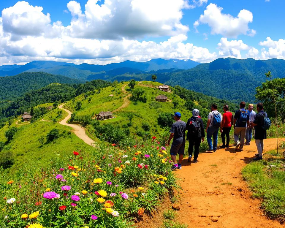 A scenic view of Nagaland, India, showcasing a stunning landscape for hiking enthusiasts. In the foreground, vividly colored wildflowers bloom beside a winding dirt trail, where a group of diverse outdoor adventurers in modest casual clothing explores the area. In the middle ground, lush green hills rise, dotted with traditional Naga huts and dense tropical foliage, creating an inviting atmosphere. The background reveals majestic, rolling mountains under a bright blue sky with fluffy white clouds, capturing the spirit of outdoor adventure. Soft, natural lighting enhances the vibrant colors, and a warm, inviting mood pervades the scene, perfect for hiking and discovering the beauty of nature.