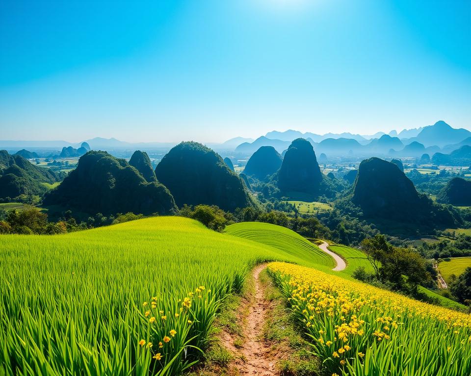 A scenic view of Ninh Binh, Vietnam, showcasing a perfect day trip merging the stunning Mua Caves with nearby attractions. In the foreground, lush green rice fields stretch toward the horizon, interspersed with vibrant yellow flowers. The middle ground features the iconic limestone karsts, dotted with lush vegetation, under a clear blue sky. Bright, diffused sunlight casts a warm glow across the landscape, enhancing the vibrant colors. A winding path leads the viewer's eye towards the Mua Caves, emphasizing exploration and adventure. The background reveals distant mountains silhouetted against the horizon, creating depth and tranquility. The mood is serene yet inviting, capturing the essence of a perfect day in this hidden gem of Vietnam.