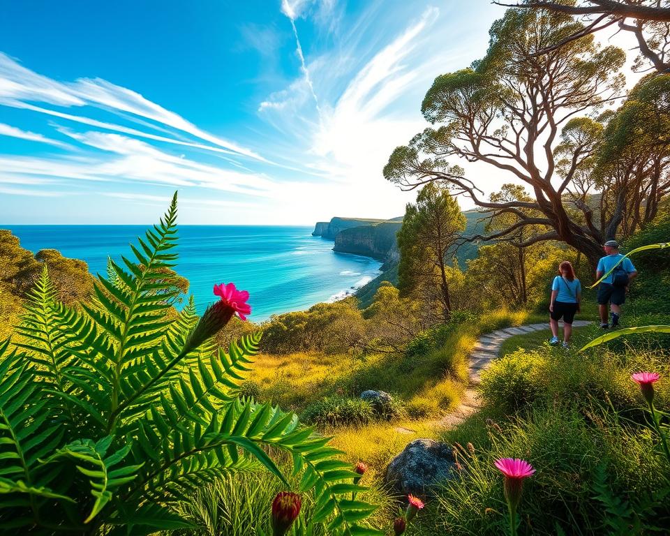 A scenic view of Noosa National Park in Australia showcasing a perfect day plan for exploring the area. In the foreground, vibrant green ferns and wildflowers create a natural frame. The middle ground features well-marked walking trails winding through lush eucalyptus trees, while hikers in casual clothing enjoy the trails and observe the wildlife. In the background, the coastline reveals sparkling turquoise waters and rugged cliffs under a bright blue sky with wispy white clouds. The soft golden light of late afternoon casts gentle shadows, enhancing the lush landscape. The atmosphere reflects a sense of adventure and tranquility, inviting viewers to immerse themselves in nature. The composition captures the beauty and diversity of Noosa National Park, ideal for highlighting its trails and landmarks.