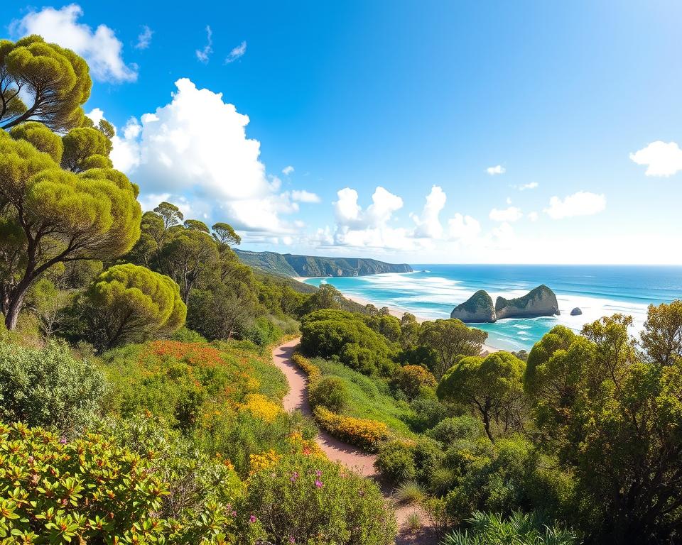A scenic view of Noosa National Park in Australia, showcasing the lush greenery of coastal bushland in the foreground, with native Australian flora like eucalyptus trees and vibrant wildflowers. In the middle ground, a winding path guides visitors through the rich vegetation, hinting at the accessibility of the park, with subtle signs of wildlife peeking through the foliage. The background reveals striking cliffs overlooking the ocean, where waves crash gently against the rocks under a bright blue sky dotted with fluffy white clouds. The sunlight bathes the scene in a warm, inviting glow, highlighting the serene atmosphere perfect for discovery and adventure. Capture this moment with a wide-angle perspective that emphasizes both the natural beauty and the feeling of accessibility to nature.