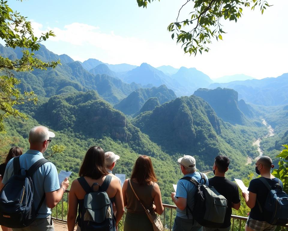 A scenic view of Phong Nha-Ke Bang National Park in Vietnam, showcasing lush green mountains and dense jungles in the background. In the foreground, a diverse group of travelers in modest casual clothing are enjoying a guided tour, with backpacks and maps in hand, taking notes on practical travel tips for their adventure. Soft dappled sunlight filters through the leaves, creating a warm and inviting atmosphere. The camera angle is slightly elevated, offering a panoramic view of the breathtaking landscape with a clear blue sky above. Emphasize the natural beauty of the park, highlighting limestone karsts and winding rivers, while capturing a sense of excitement and exploration.