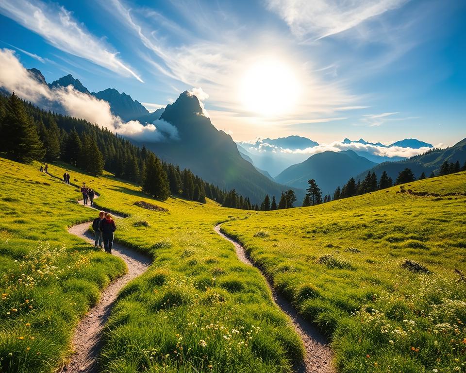 A scenic view of Pico Europa National Park in Spain during peak travel season. In the foreground, a winding trail leads through vibrant green meadows adorned with wildflowers, where visitors in modest casual clothing enjoy the tranquility. The middle ground features majestic peaks of the Picos de Europa, partially shrouded in wispy clouds, showcasing their rugged beauty. Lush forests blanket the lower slopes, while delicate morning light filters through the trees, casting soft shadows. In the background, an expansive blue sky hints at a golden sunset, creating a warm, inviting atmosphere. The image should capture the serenity and natural splendor of this prime travel destination, evoking a sense of adventure and exploration. Aim for a wide-angle view to encompass the scale and diversity of the landscape.