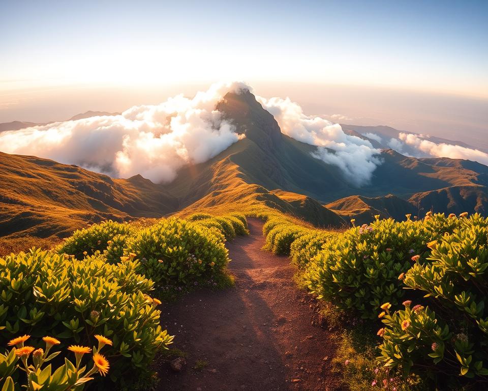 A scenic view of Pico do Arieiro, Madeira, captured from the trailhead with a winding path leading into the lush mountainous terrain. In the foreground, there are vibrant green shrubs and scattered wildflowers, framing the path. The middle ground showcases the majestic Pico do Arieiro peak towering above, shrouded in soft, fluffy clouds and bathed in warm golden sunlight that suggests early morning or late afternoon. In the background, the dramatic ridges of the island's landscape can be seen, extending into the horizon under a clear blue sky. The atmosphere is serene and inviting, perfect for adventurers embarking on a hiking journey. Employ a wide-angle lens perspective to emphasize the expansive beauty of the surroundings, ensuring the scene feels immersive and expansive.