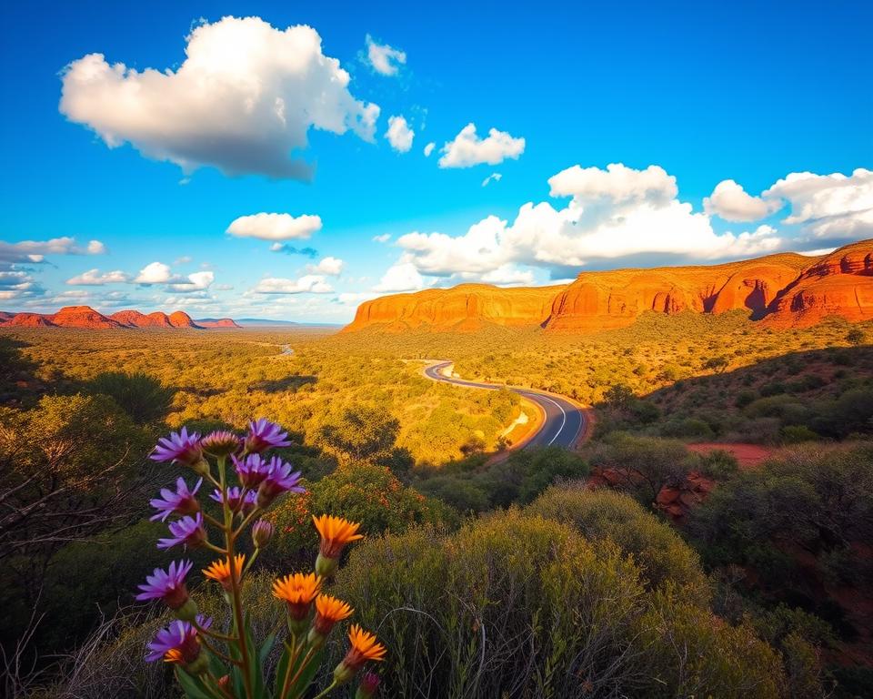 A scenic view of Route Kakadu National Park in Australia, showcasing a winding road surrounded by lush, vibrant greenery and distinctive rock formations. In the foreground, include a few native Australian plants with colorful flowers, such as wildflowers in shades of purple and yellow. The middle ground features the road meandering through the tropical landscape, with glimpses of distant hills. In the background, the iconic sandstone escarpments rise majestically under a bright blue sky, dotted with fluffy white clouds. The scene is illuminated by warm, golden sunlight, creating an inviting atmosphere that highlights the natural beauty of the area. Use a wide-angle lens perspective to capture the expansive landscape, evoking a sense of adventure and exploration.