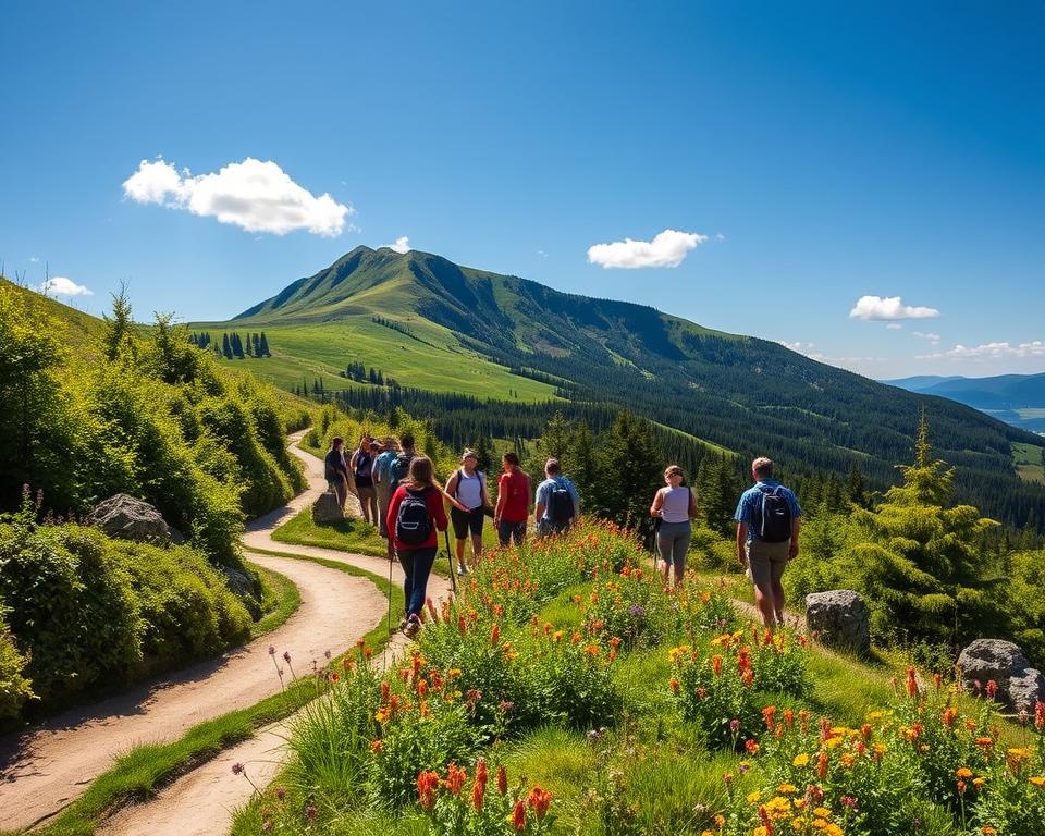 A scenic view of "Rundweg Sommerberg" during a sunny day, capturing the essence of a hiking trail in Bad Wildbad. In the foreground, a winding path lined with lush green foliage and vibrant wildflowers, inviting hikers to explore. The middle ground features a diverse group of hikers in modest casual clothing, engaged in conversation and enjoying the surroundings. The background displays the majestic Sommerberg mountain, bathed in warm sunlight, with a clear blue sky dotted with a few fluffy clouds. The scene is illuminated by soft, natural lighting to convey a sense of tranquility and adventure. The image should have a wide-angle perspective to emphasize the expansive landscape and create an inviting atmosphere that encourages exploration.