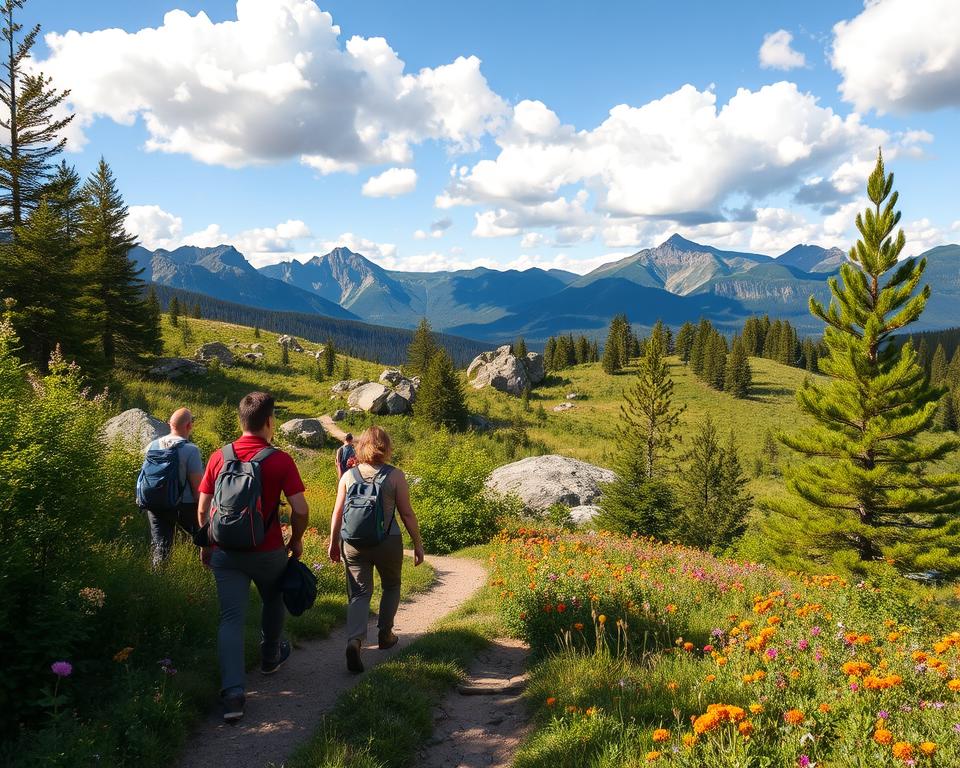 A scenic view of Skuleskogen National Park, showcasing diverse hiking trails suitable for various fitness levels. In the foreground, hikers in modest casual clothing navigate a well-marked trail, surrounded by vibrant green foliage and colorful wildflowers. The middle ground features rocky outcrops and gently rolling hills, dotted with cheerful pine trees. In the background, majestic mountains rise under a clear blue sky, with fluffy white clouds casting soft shadows on the landscape. The lighting is bright and warm, evoking a sense of adventure and encouragement. Capture the atmosphere of outdoor exploration and connectivity with nature, emphasizing the park's accessibility for all fitness levels.