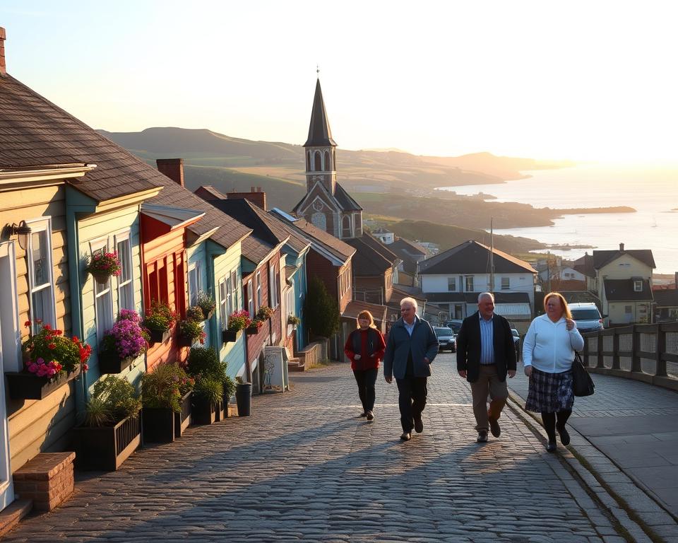 A scenic view of St. John's, Newfoundland, capturing the rich history of the city. In the foreground, a cobblestone street lined with colorful row houses that reflect traditional Newfoundland architecture, adorned with vibrant flowers in window boxes. In the middle ground, local residents dressed in casual, modest clothing stroll by, engaging in friendly conversation. A historic landmark, such as the iconic Basilica of St. John the Baptist, is prominently featured. In the background, rolling hills covered in lush greenery lead to the serene waters of the North Atlantic. The setting sun casts a warm, golden light over the scene, creating a welcoming and nostalgic atmosphere. Capture this moment with a slight wide-angle lens, enhancing the vibrant colors and rich textures for a captivating depiction of St. John's history.