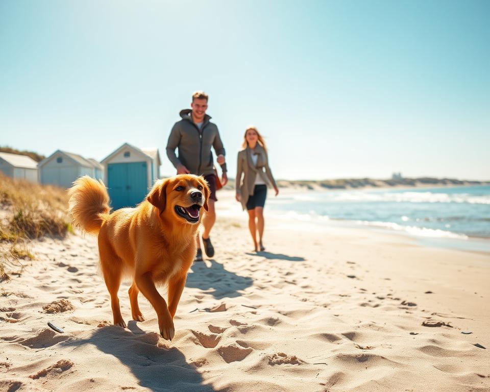 A scenic view of St. Peter-Ording beach on a sunny day, showcasing a happy dog playing in the soft sand. In the foreground, the dog, a golden retriever, frolics joyfully with a frisbee. In the middle ground, a couple is walking along the beach path, dressed in modest casual attire, engaging with their dog. The background features the iconic beach huts and the expansive dune landscape, with gentle waves lapping at the shore under a bright blue sky. The lighting is warm and inviting, capturing the essence of a perfect day outdoors. The atmosphere is cheerful and relaxed, embodying the joy of outings with a dog in this beautiful coastal setting.